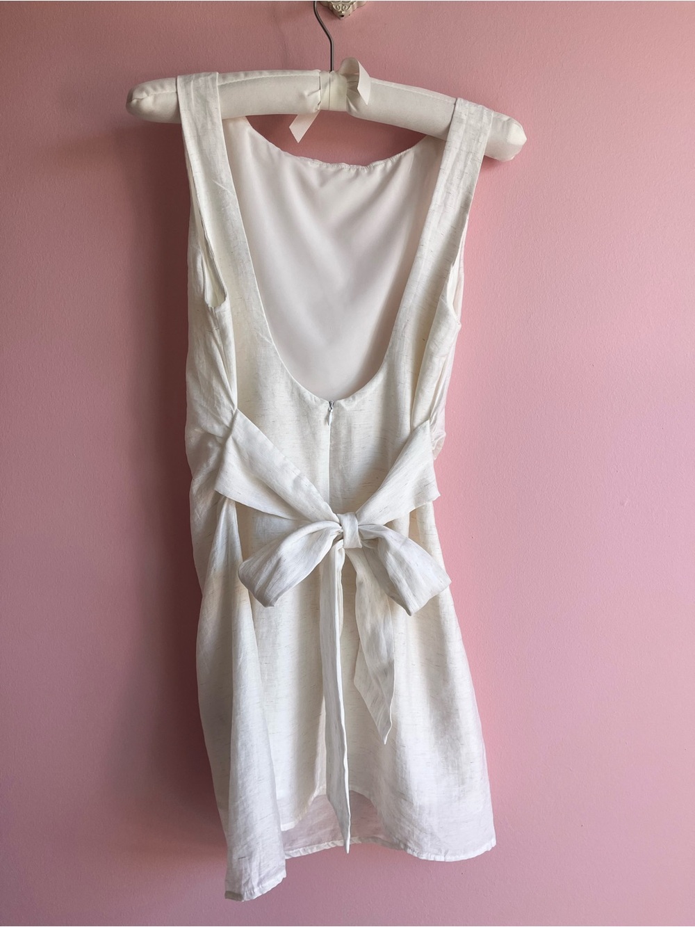 CIDER Mini Dress Backless Bow Tie Solid Linen Blend Boat Neck Off White Small - Picture 3 of 8